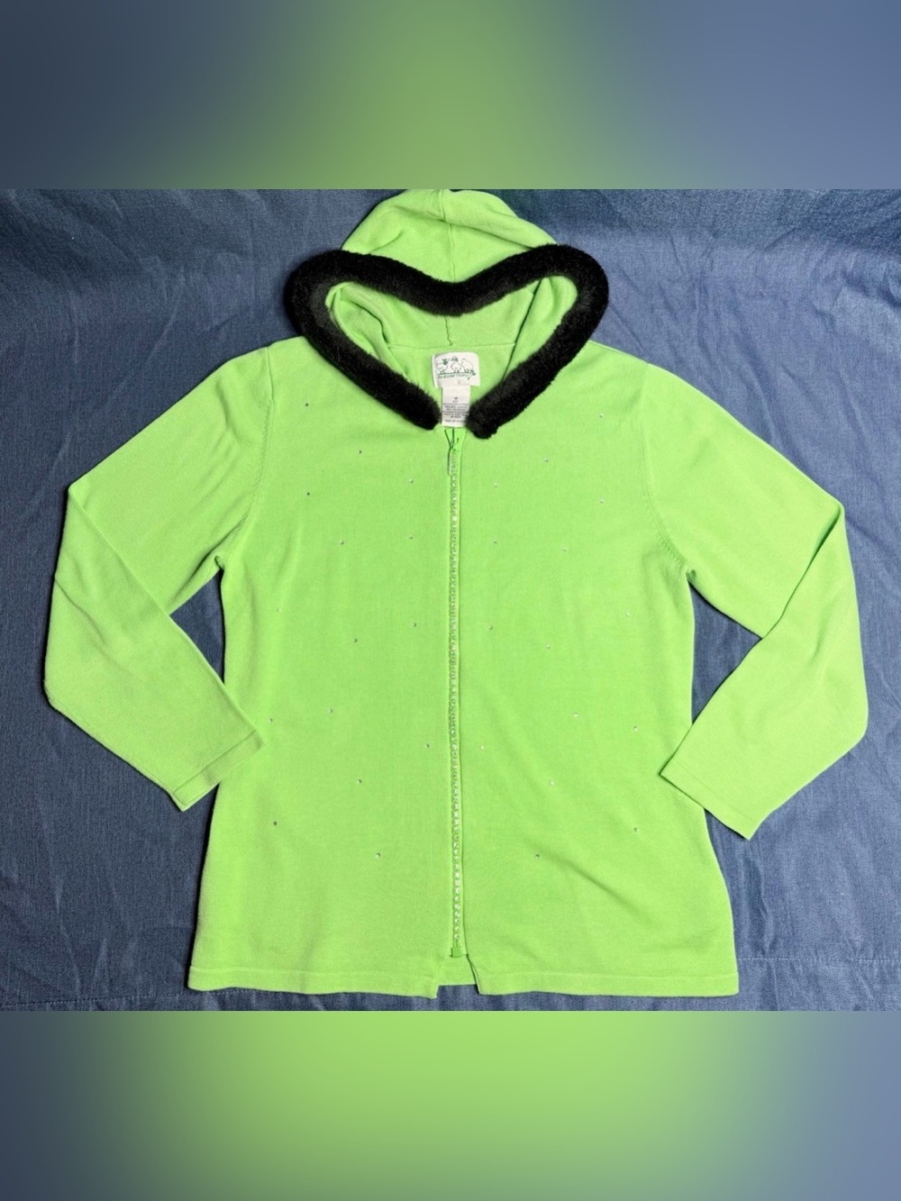 Quacker Factory  Sparkle/Shine Cardigan Sweater Medium Green Hood Zip Women